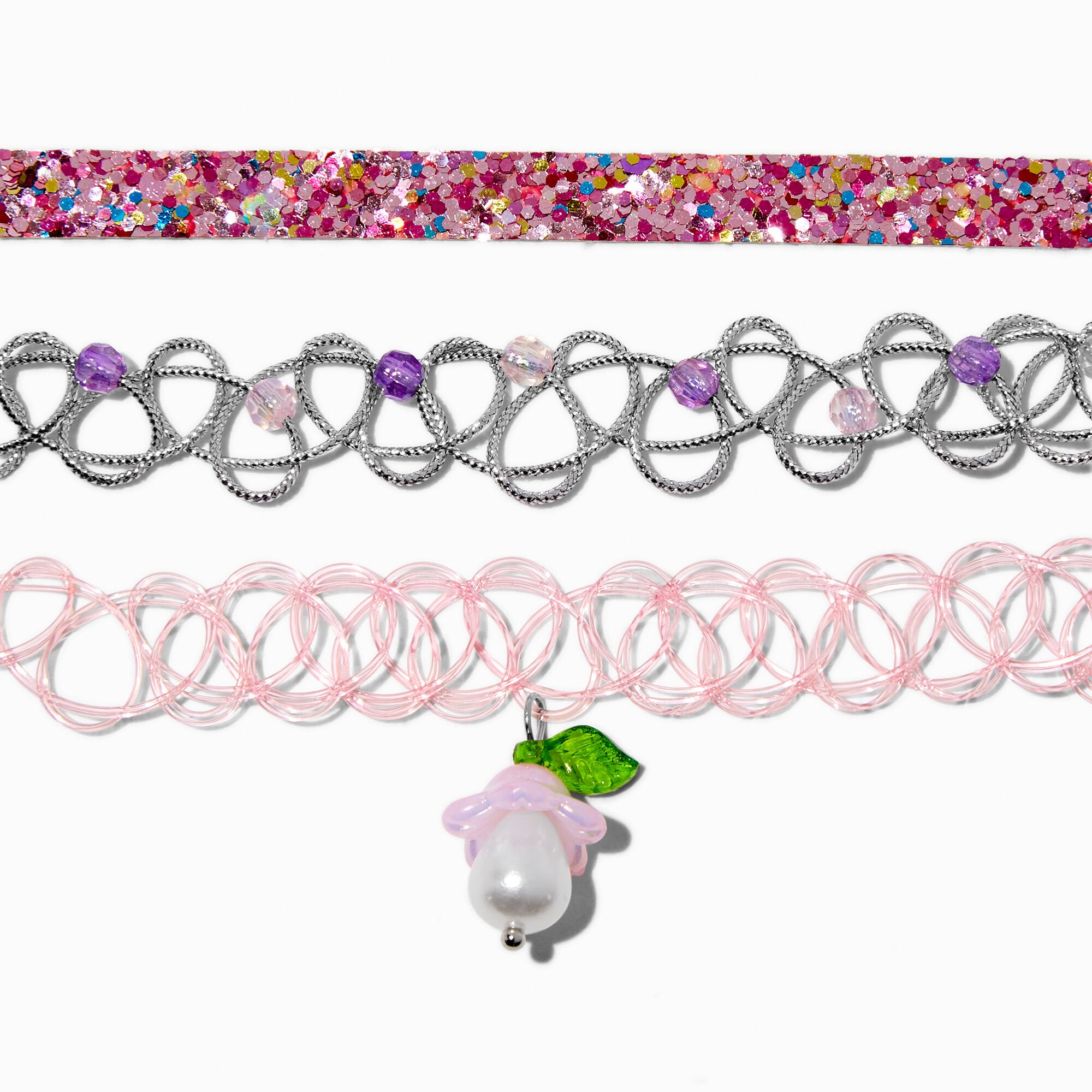Claire's Club Pearl Mushroom Tattoo Choker Necklaces - 3 Pack,