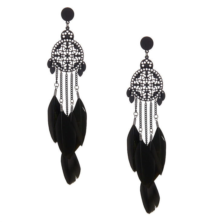 5&quot; Feather Medallion Drop Earrings - Black,