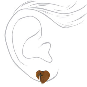 Heart Cross Wooden Clip on Stud Earrings,