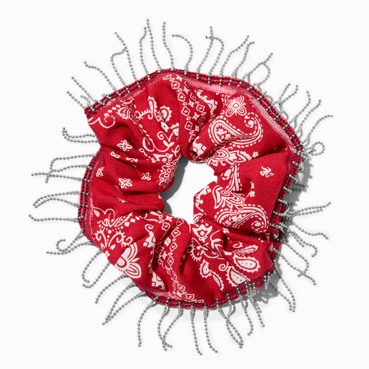 Red Bandana Print Chain Fringe Hair Scrunchie,
