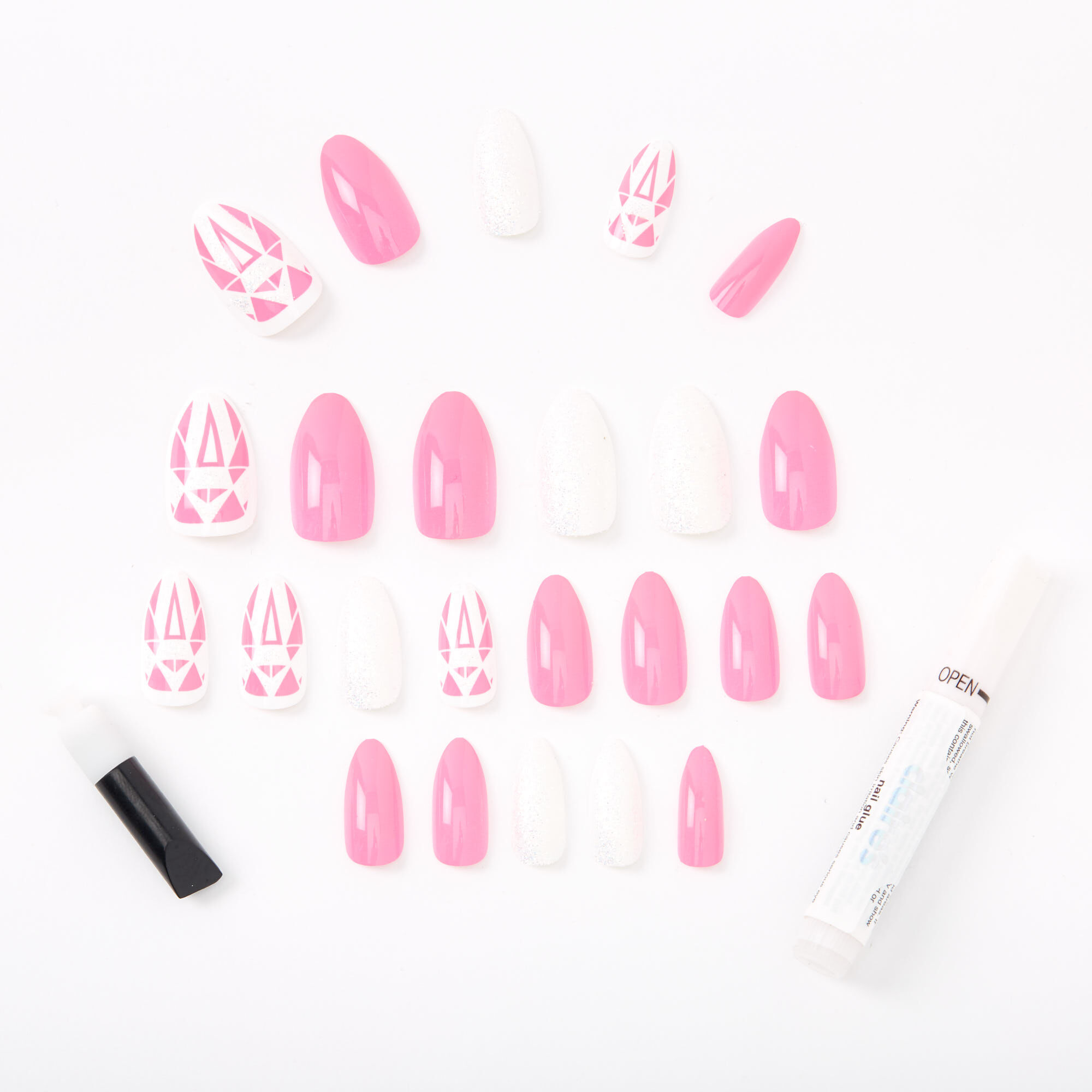 Faux ongles stiletto avec strass géométriques fluo - Rose, lot de 24,