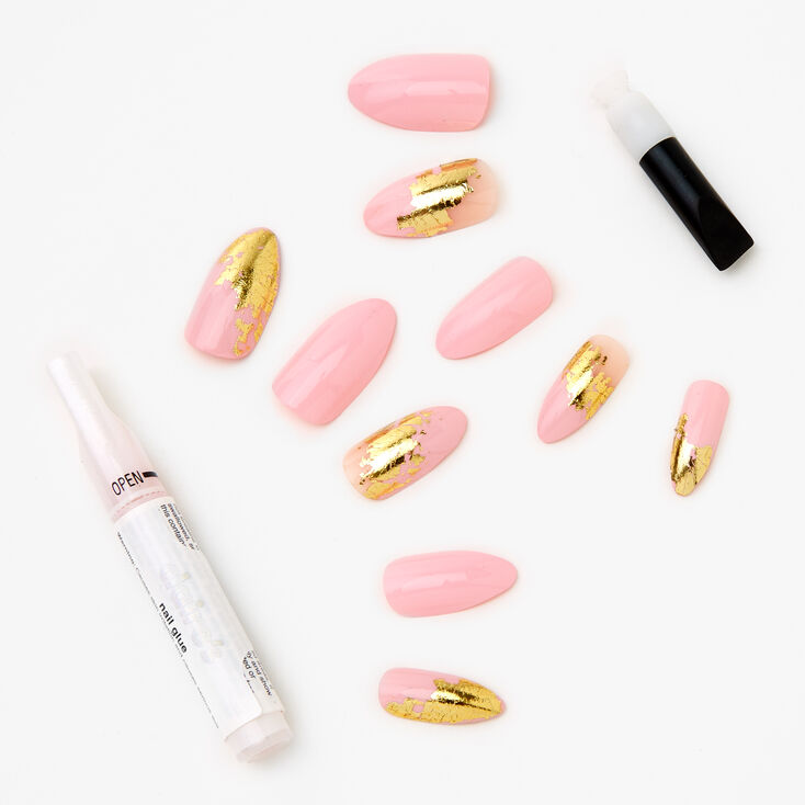 Faux ongles stiletto m&eacute;tallis&eacute;s effet marbr&eacute; rose p&acirc;le - Lot de 24,