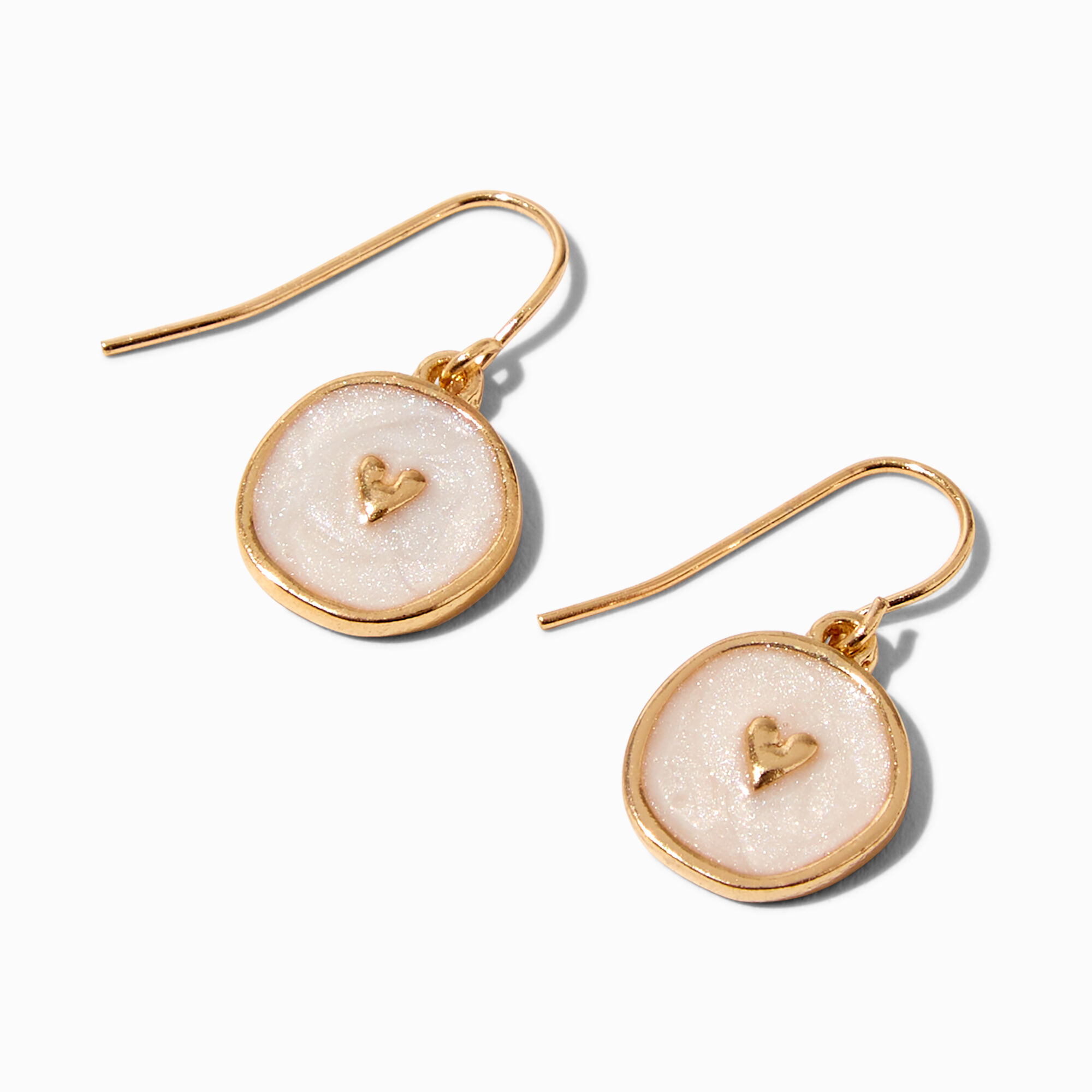 Gold Heart White Enamel 0.5" Drop Earrings,