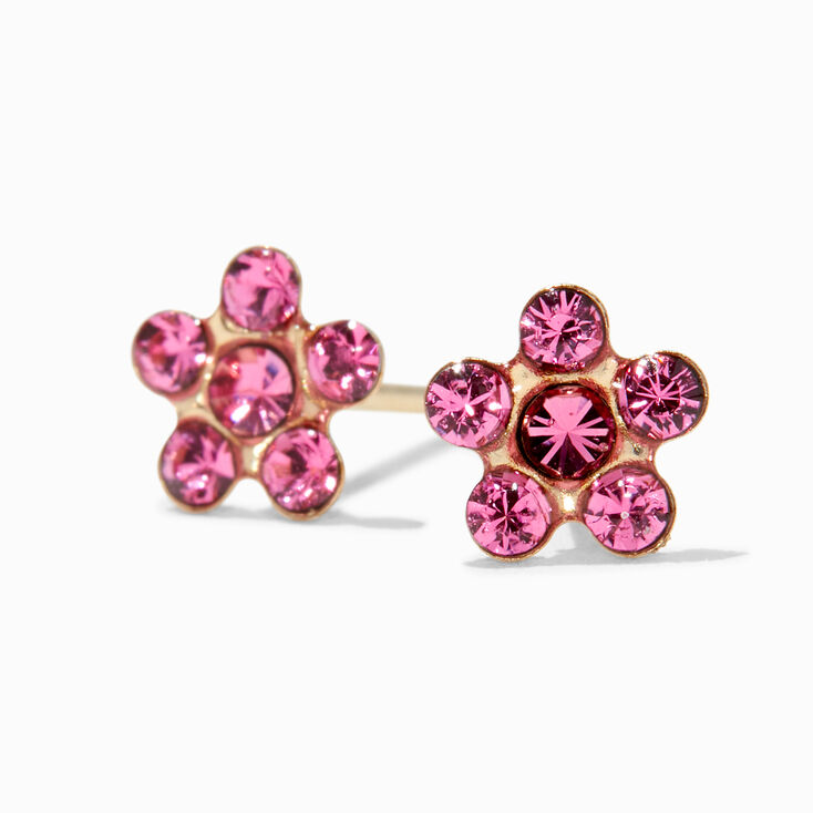 Claire&#39;s Exclusive 14kt Yellow Gold Pink Crystal Daisy Studs Ear Piercing Kit with Ear Care Solution,