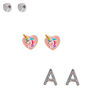 Miss Glitter the Unicorn Initial Stud Earrings - A, 3 Pack,