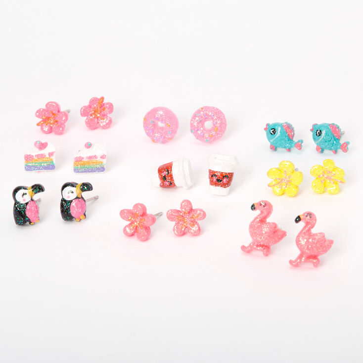 Glitter Tropical Animals &amp; Treats Stud Earrings - 9 Pack,