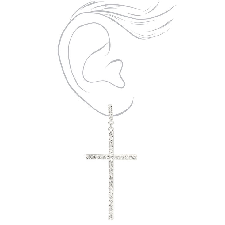 Silver 3&quot; Embellished Cross Drop Earrings,