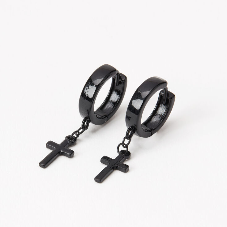 Black Cross 15mm Huggie Hoop Earrings,
