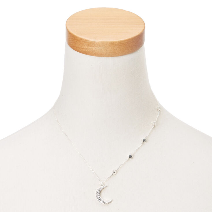 Collier pendentif design &eacute;toile et lune couleur argent&eacute;,