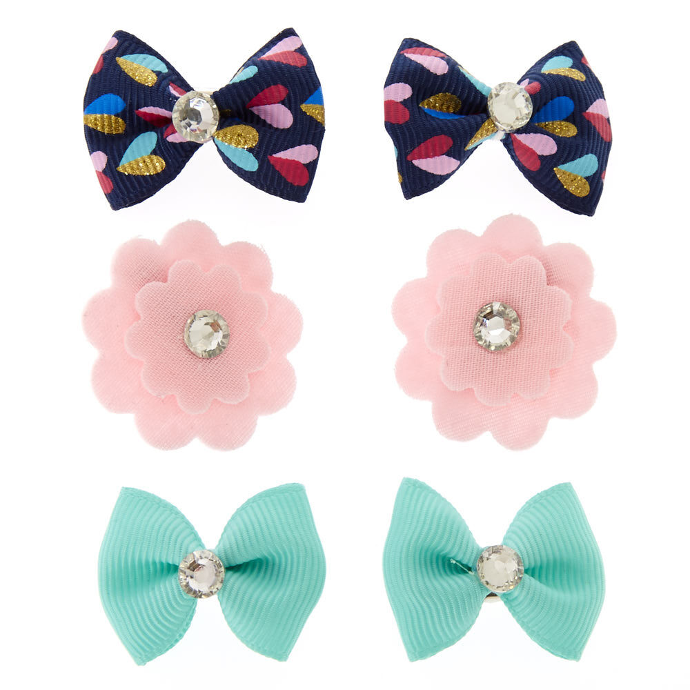 Kids 6 Pack Gem, Bows & Flowers Hair Clips,