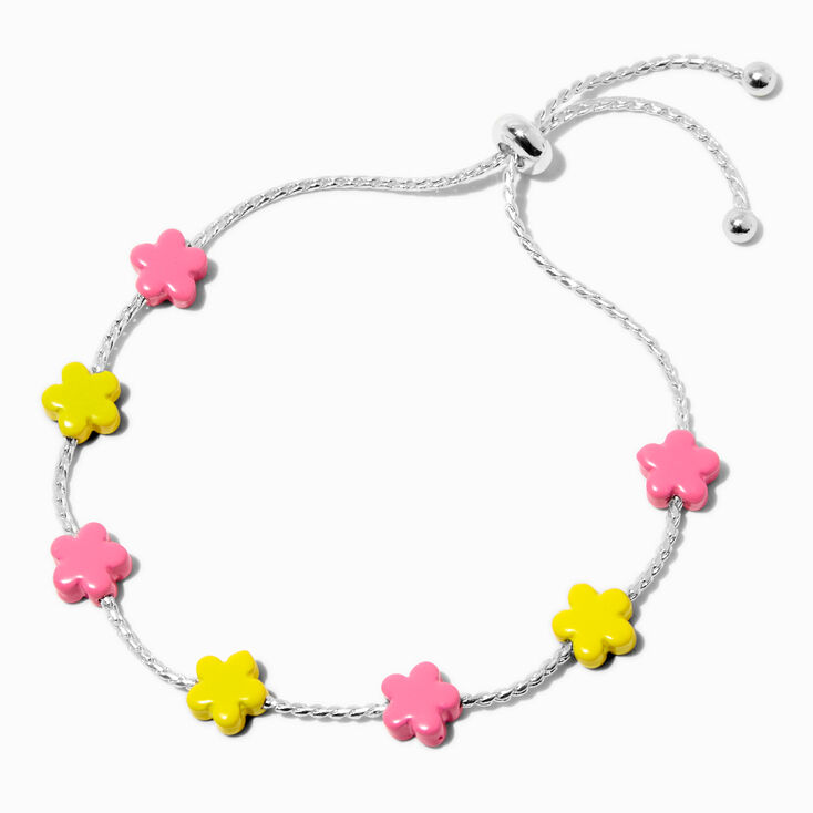 Silver-tone Pink &amp; Yellow Flower Bolo Bracelet,
