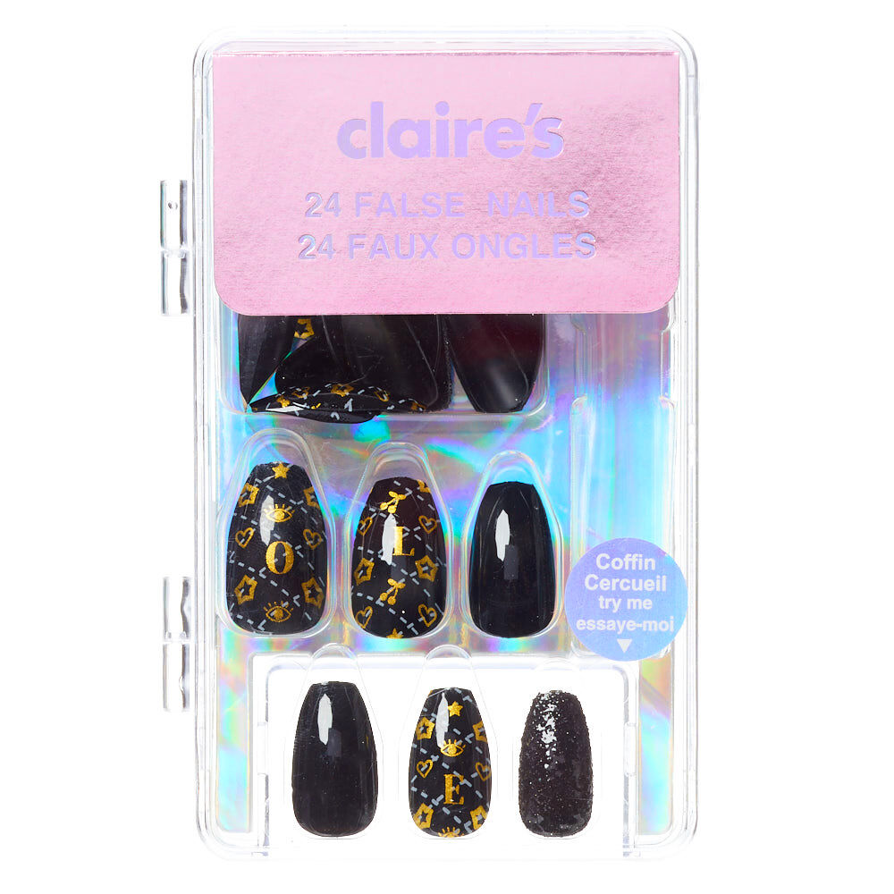 Love Status Icon Coffin Faux Nail Set - Black, 24 Pack,