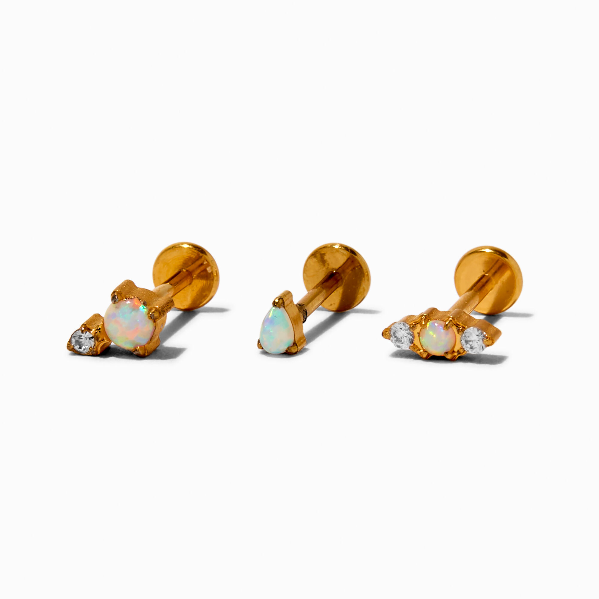 View Claires Tone Titanium Opal 18G Stud Flat Back Cartilage Earrings 3 Pack Gold information