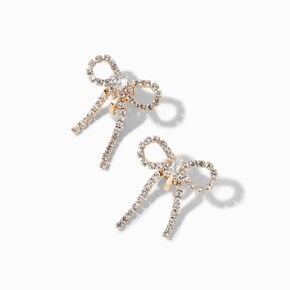 Gold-tone Rhinestone Bow 1&quot; Clip On Drop Earrings,