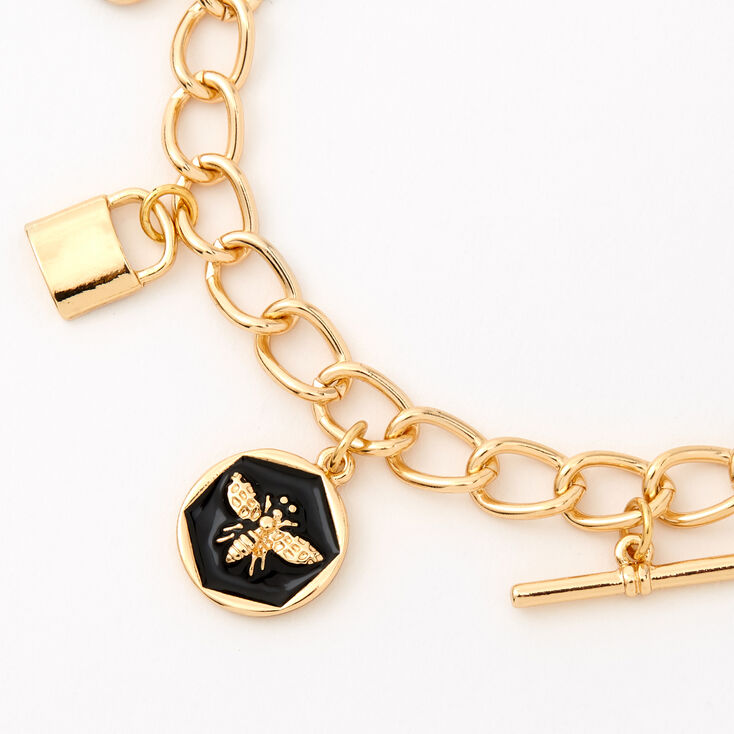 Gold-tone Chain &amp; Black Enamel Charm Bracelet,