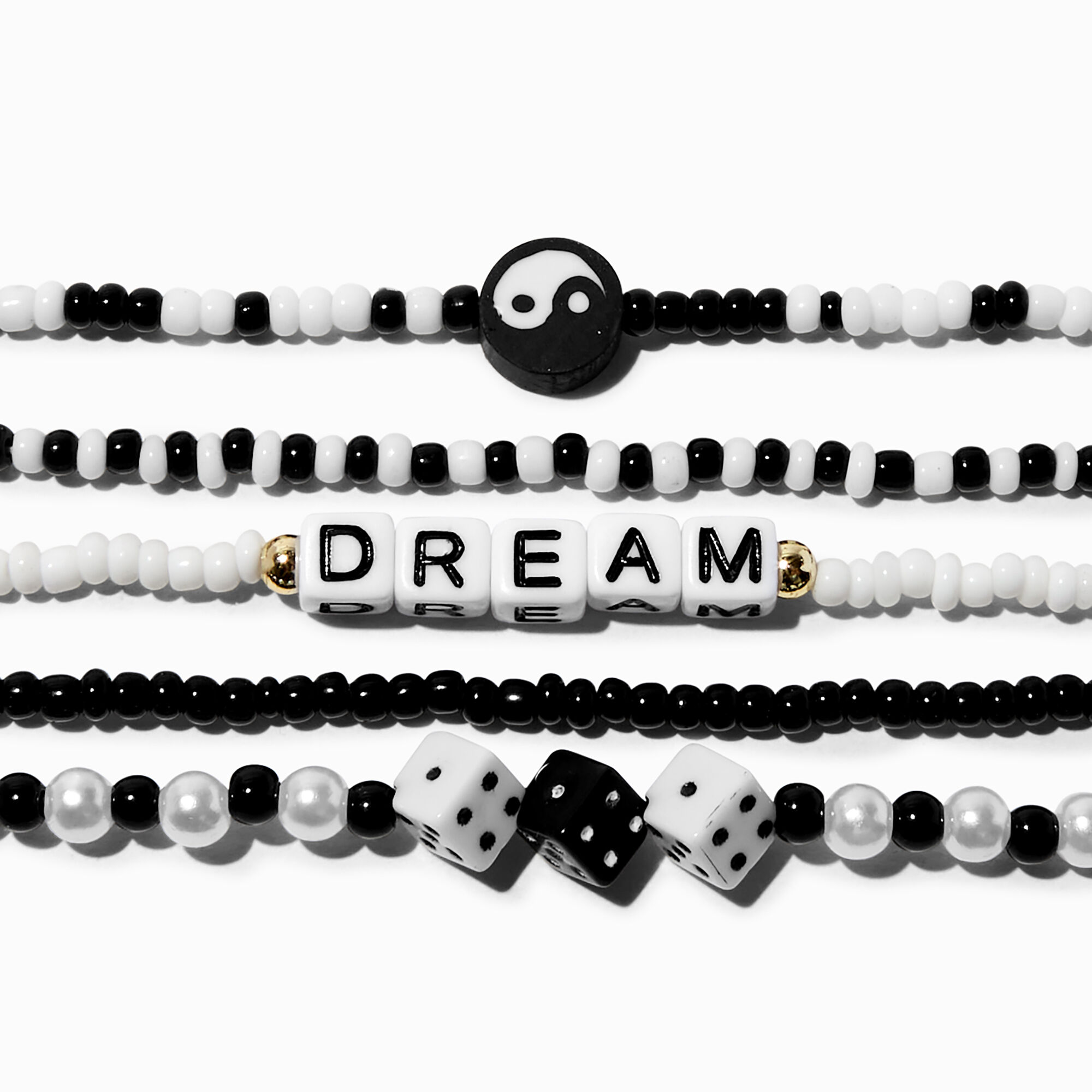 Black & White "Dream" Seed Bead Stretch Bracelets - 5 Pack,