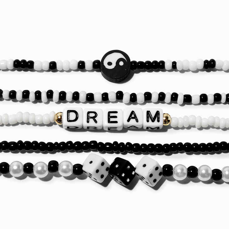 Black &amp; White &quot;Dream&quot; Seed Bead Stretch Bracelets - 5 Pack,