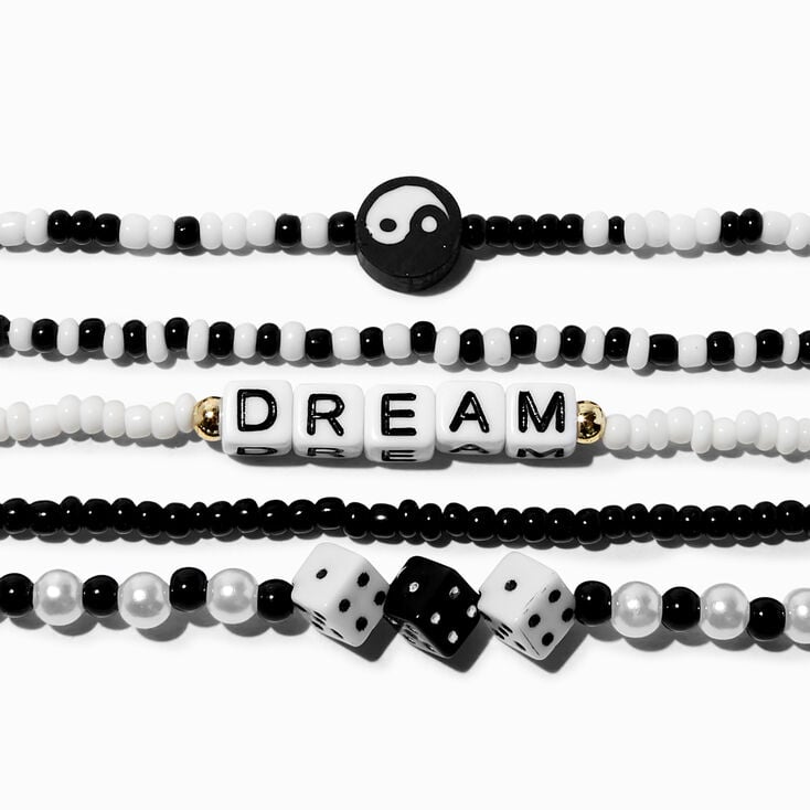 Black &amp; White Dream Beaded Stretch Bracelets - 5 Pack,