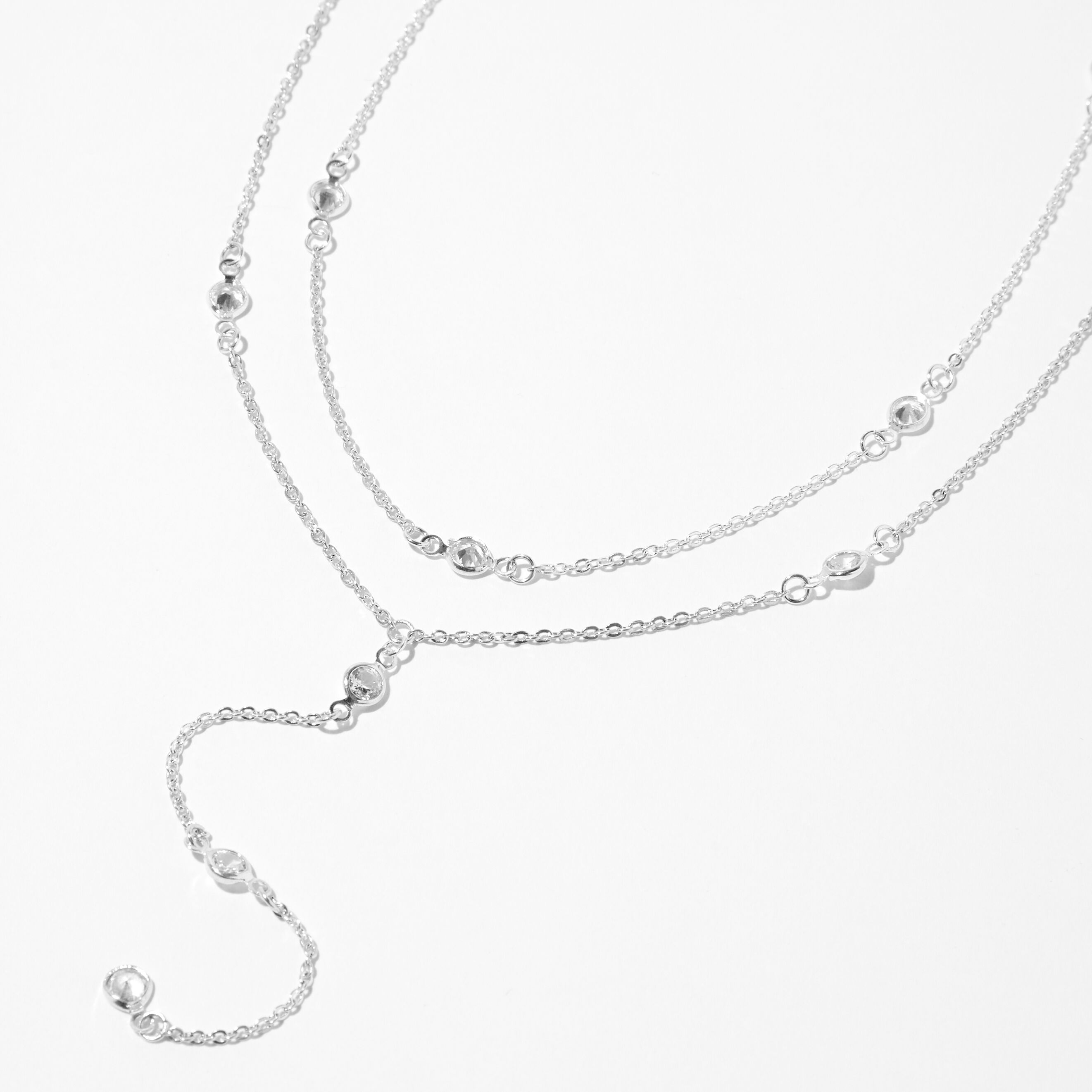 Silver Crystal Y Neck Multi Strand Necklace