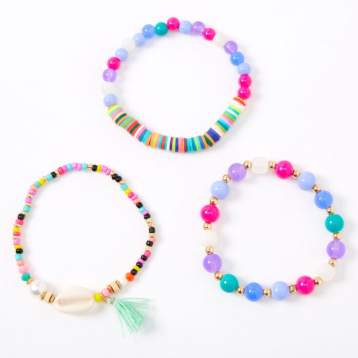 Claire's Bracelets élastiques perlés avec coquillages cauris arc-en-ciel - Lot de 3