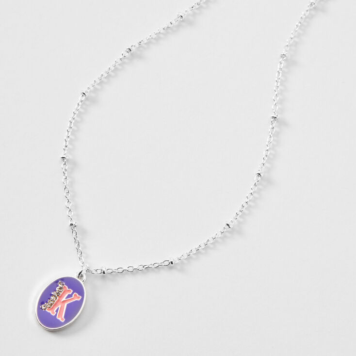 Silver Embellished Initial Coral &amp; Purple Pendant Necklace - K,
