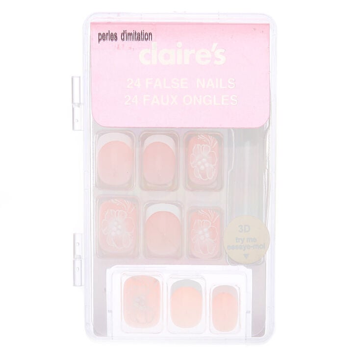 Fancy Flower French Tip Square Faux Nail Set - Nude, 24 Pack,