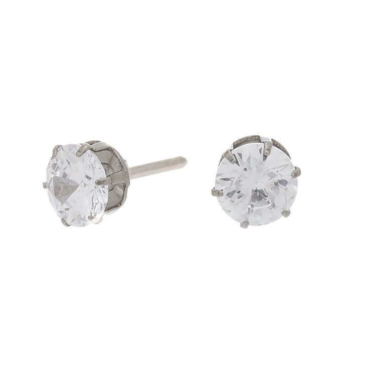 C LUXE by Claire&#39;s Silver-tone Titanium Cubic Zirconia 6mm Round Stud Earrings,