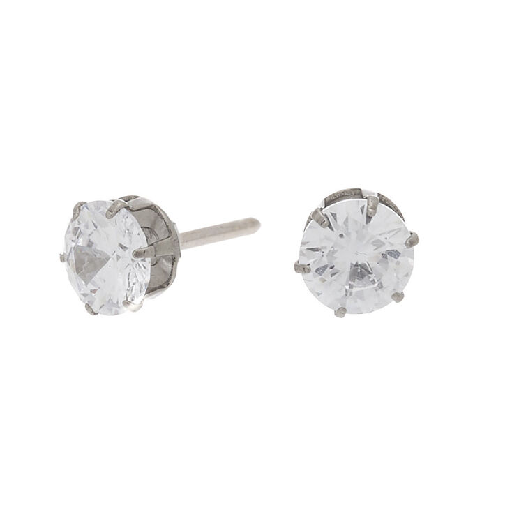 Silver Titanium Cubic Zirconia Round Stud Earrings - 6MM,