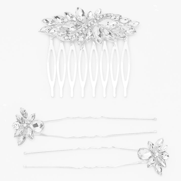 Silver-tone Rhinestone Cluster Hair Comb &amp; Hair Pins - 3 Pack,