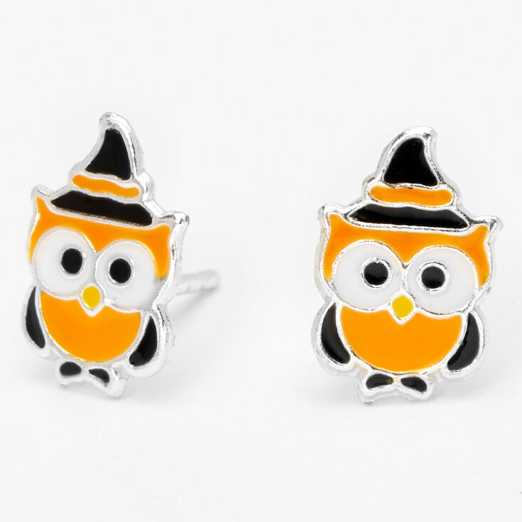 Sterling Silver Owl Stud Earrings - Orange,