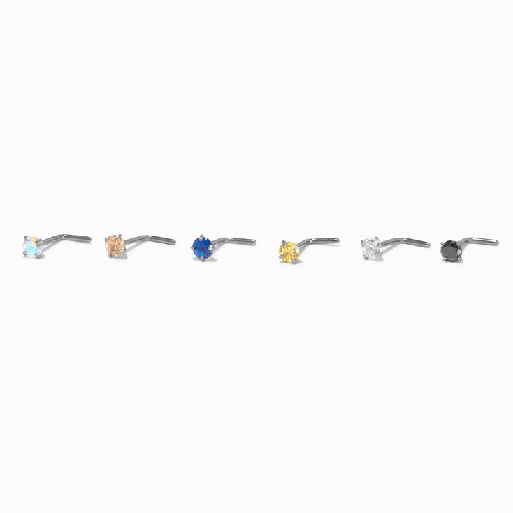 20G Silver-tone Titanium Colored Cubic Zirconia Nose Studs - 6 Pack,