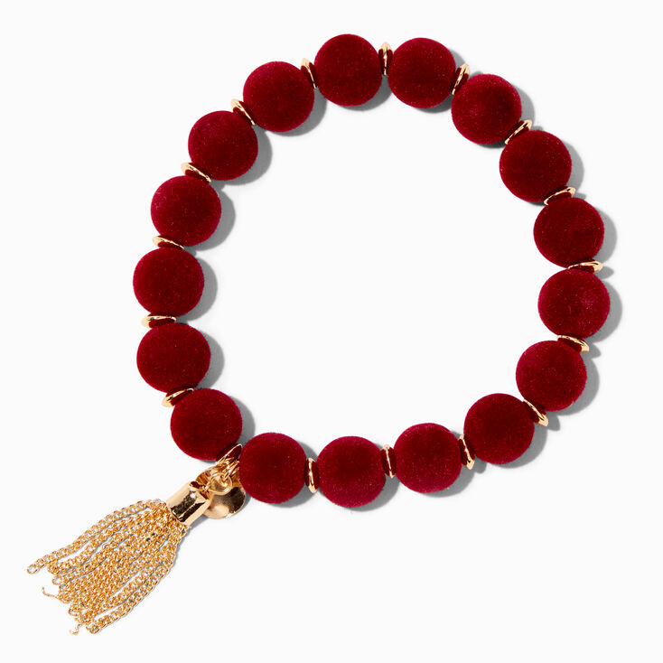 Red Velvet Beaded Gold Tassel Stretch Bracelet,