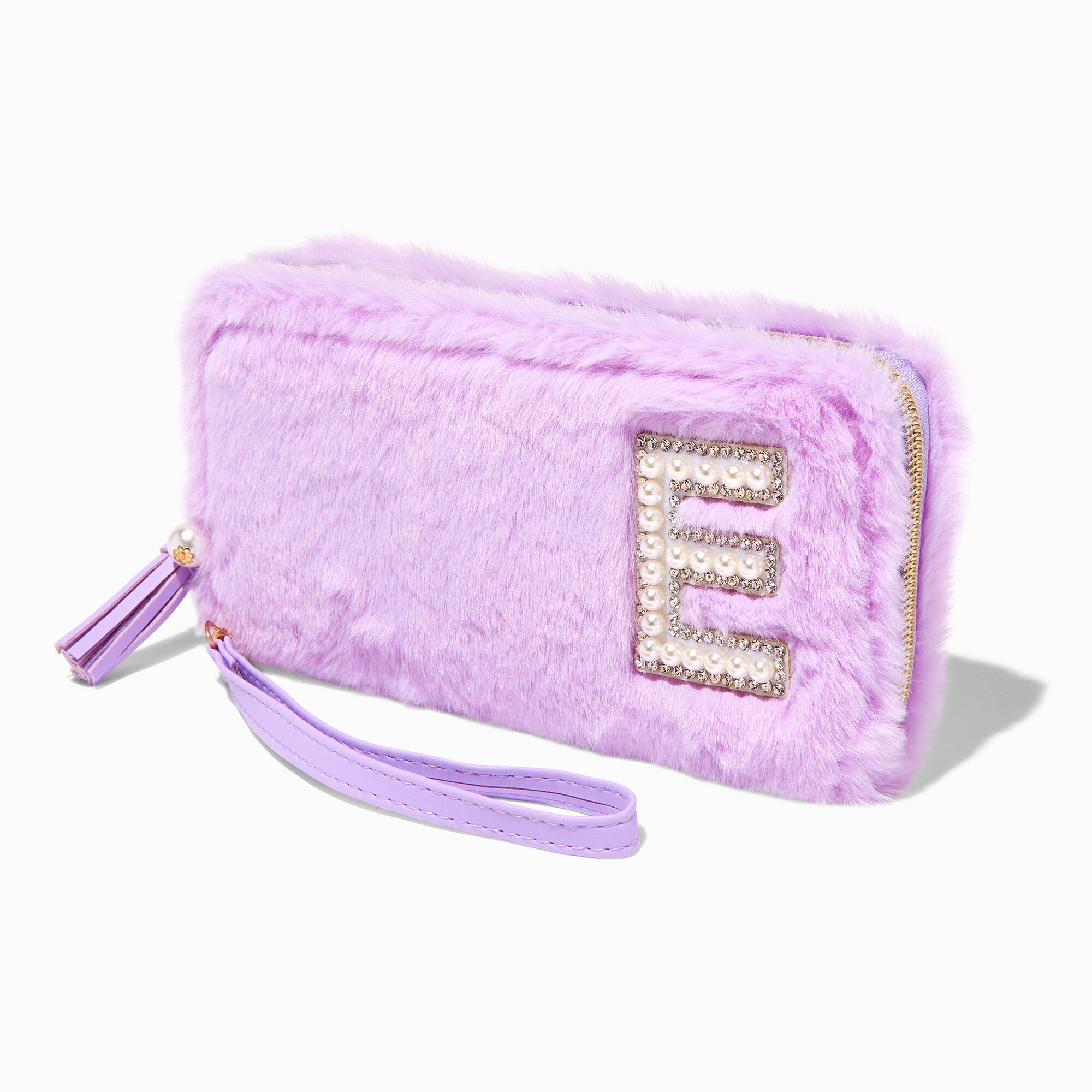 View Claires Lavender Furry Pearl Initial Wristlet Wallet E information