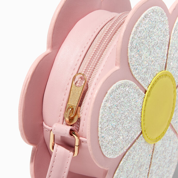 Claire&#39;s Club Glitter Pink Daisy Crossbody Bag,