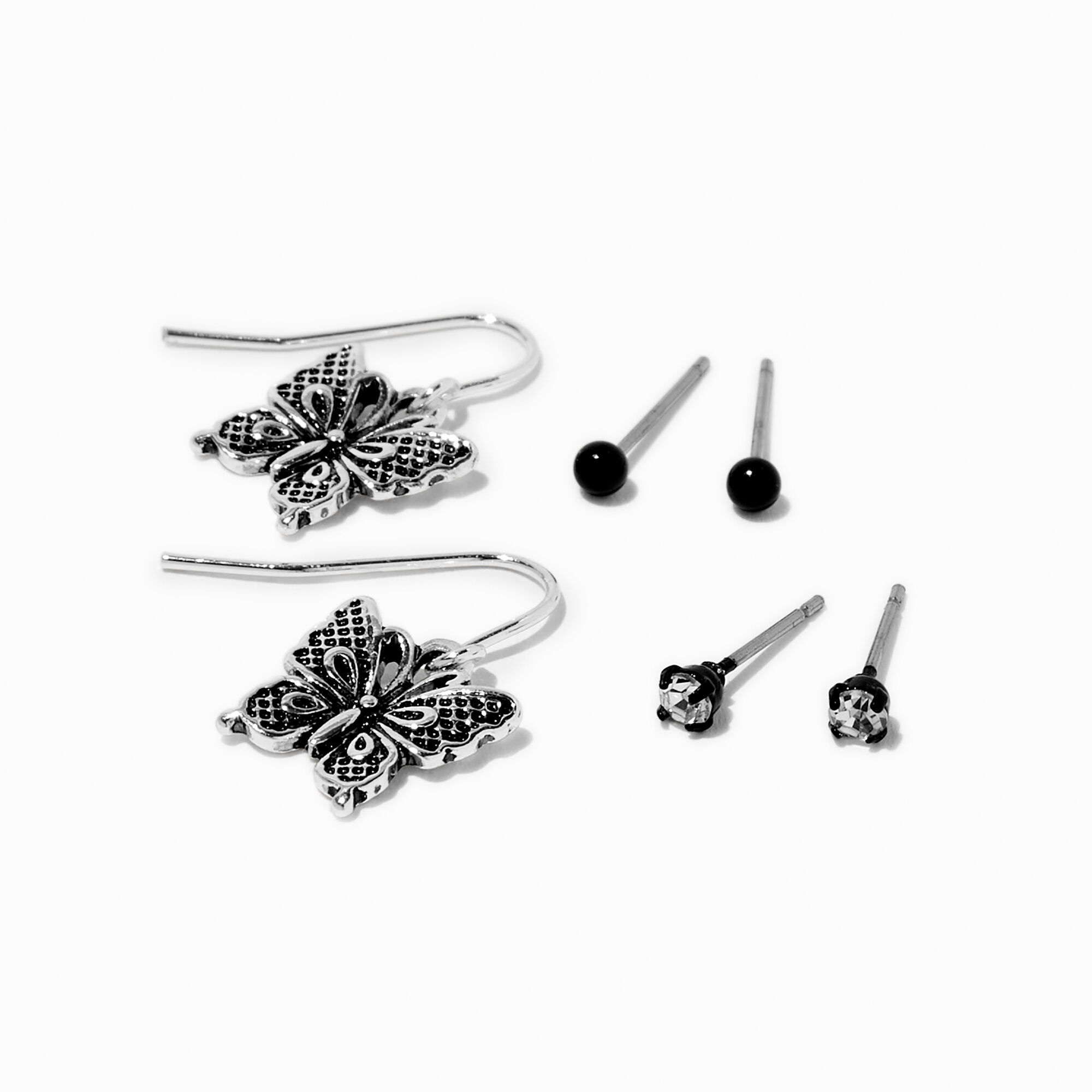 View Claires SilverTone Butterfly Mixed Earring Set 3 Pack Black information