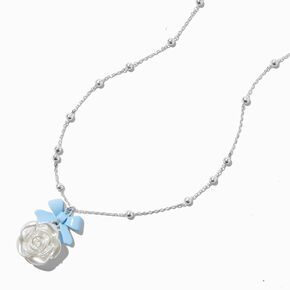 Blue Bow &amp; Rose Pearl Silver-tone Necklace,