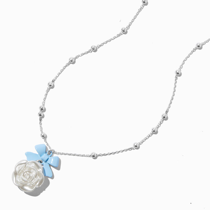 Blue Bow &amp; Rose Pearl Silver-tone Necklace,