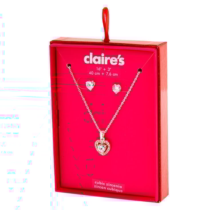 Claire's Coffret cadeau parure de bijoux cœur en zircon cubique d'imitation couleur argenté - Lot de 2