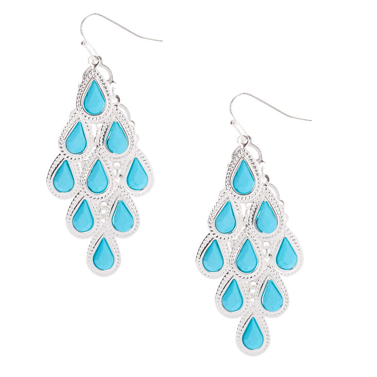 Silver 2&quot; Chandelier Stone Drop Earrings - Turquoise,