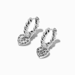 Silver-tone Twisted Crystal Pav&eacute; Heart Charm Hoop Earrings,