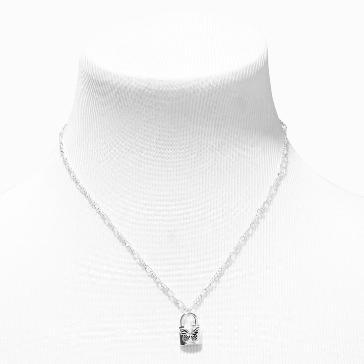 Silver Butterfly Padlock Pendant Necklace,