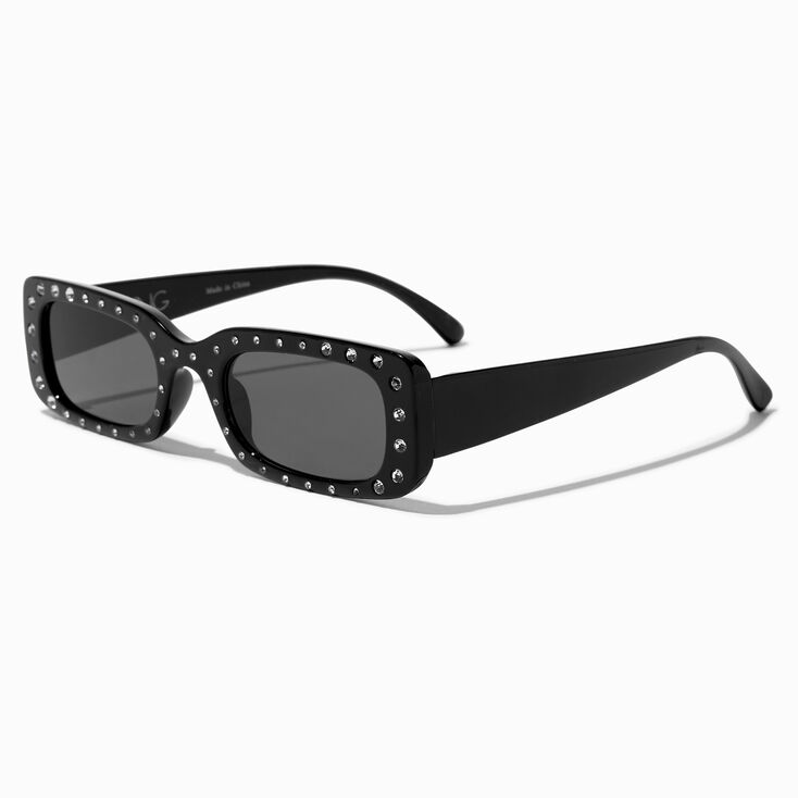 Lunettes de soleil rectangulaires noires incrust&eacute;es de strass,