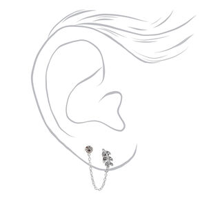 Sterling Silver Embellished Leaf Connector Chain Stud Earrings,