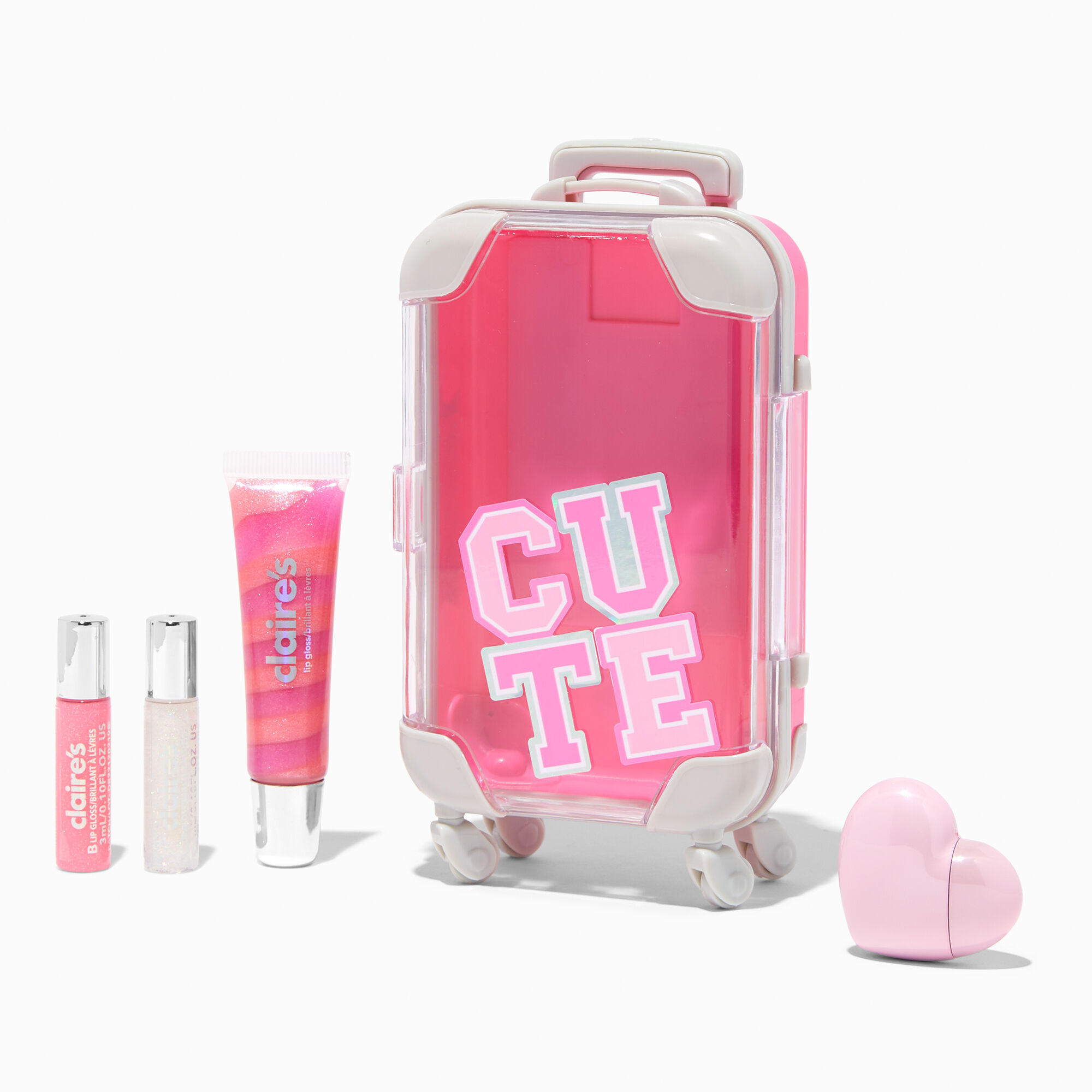 View Claires Varsity Cute Luggage Lip Gloss Set Pink information