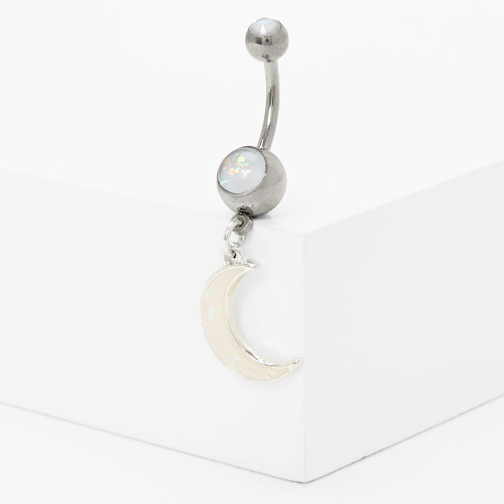 Glow in the Dark Glitter Moon 14G Silver Belly Ring,