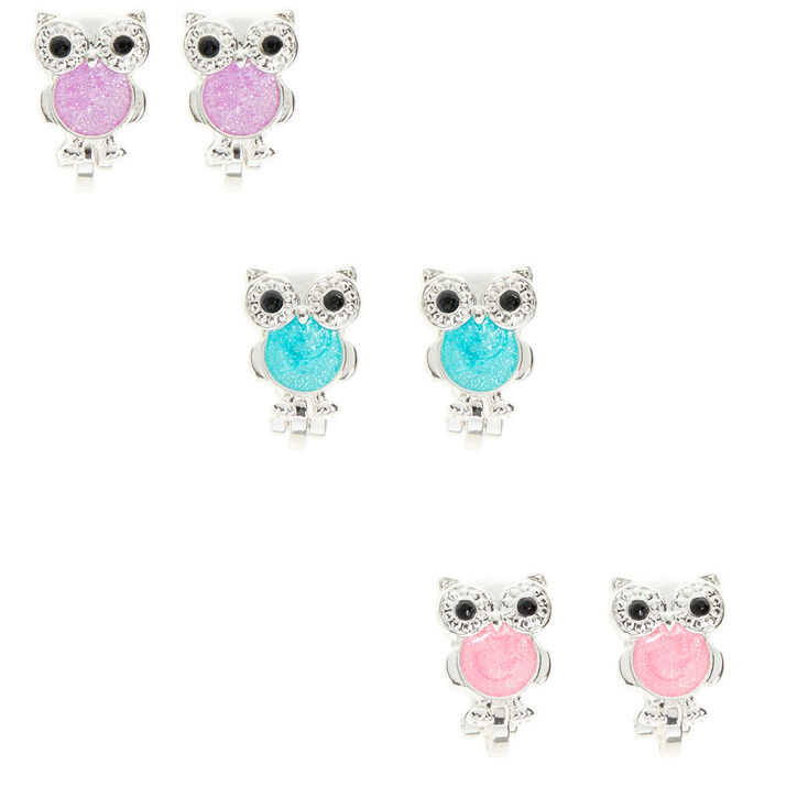 Boucles d&#39;oreille &agrave; clip chouette pastel couleur argent&eacute; - Lot de 3,