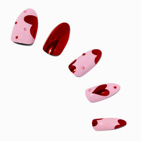Metallic Red Heart Valentine&#39;s Day Almond Press On Faux Nail Set - 24 Pack,