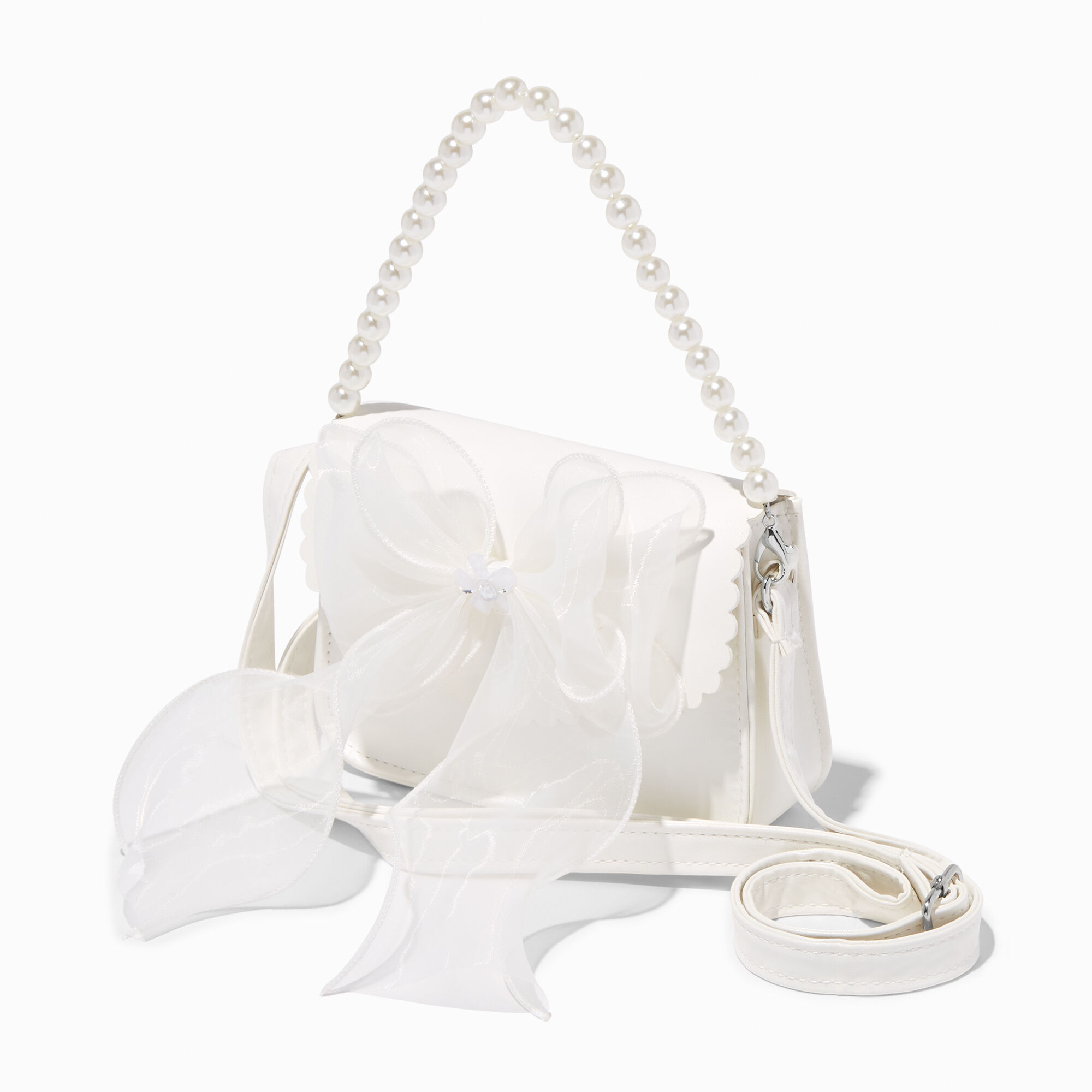 View Claires Club Special Occasion Chiffon Bow Crossbody Bag White information