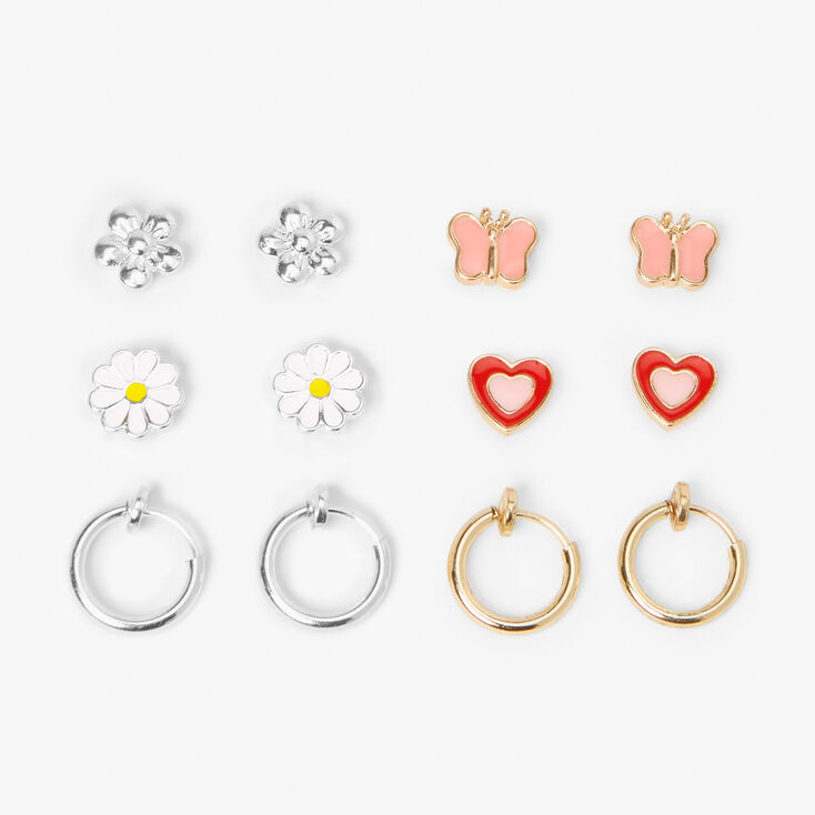  Mixed Metal Daisy, Heart Stud &amp; Hoop Magnetic Earrings &#40;6 Pack&#41;,