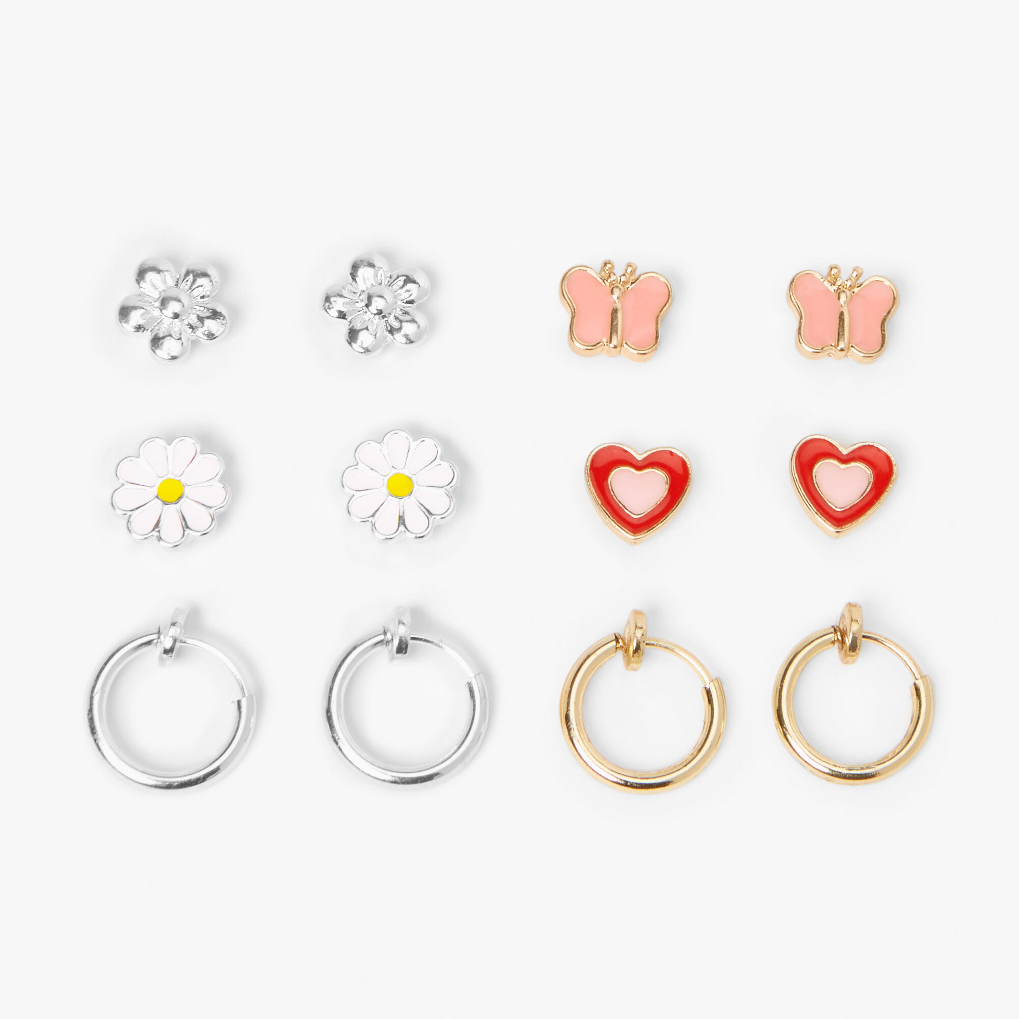 View Claires Mixed Metal Daisy Heart Stud Hoop Magnetic Earrings 6 Pack information